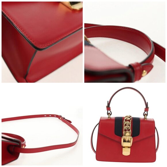 GUCCI Silvi Sherry Line Hand Bag Leather 3way Red Gold - Picture 9 of 15